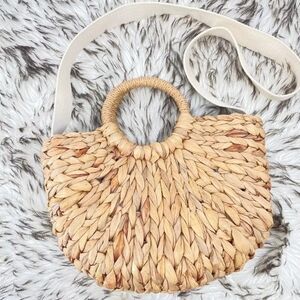 GAP Boho Straw Bag Circular Handle Striped lining Half Moon Beach